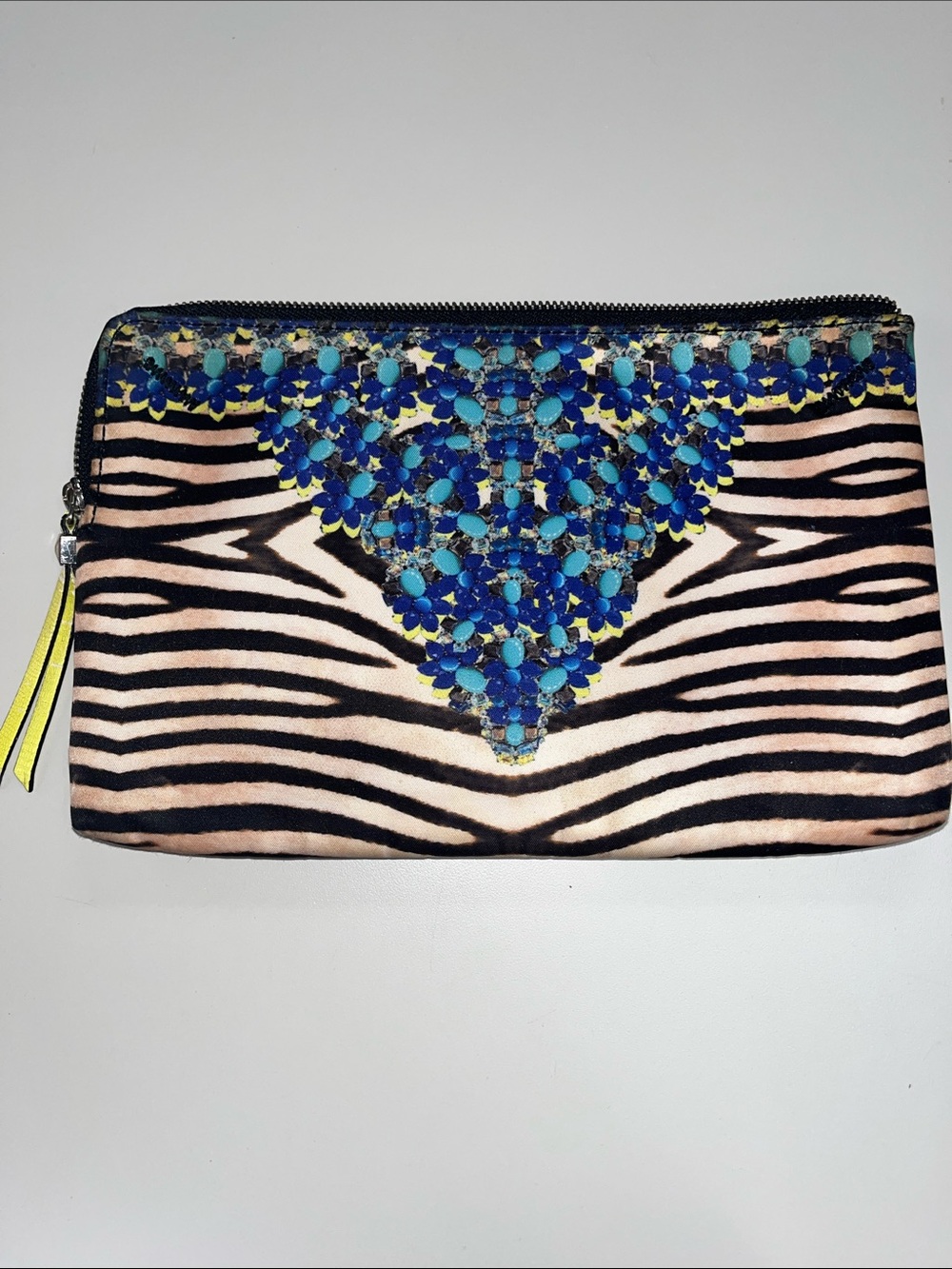 Stella & Dot Blue Jeweled Zebra-Print Clutch